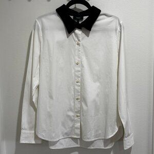 Theory Fancy White Button Down Shirt with Black Velvet Detachable Collar, Size L